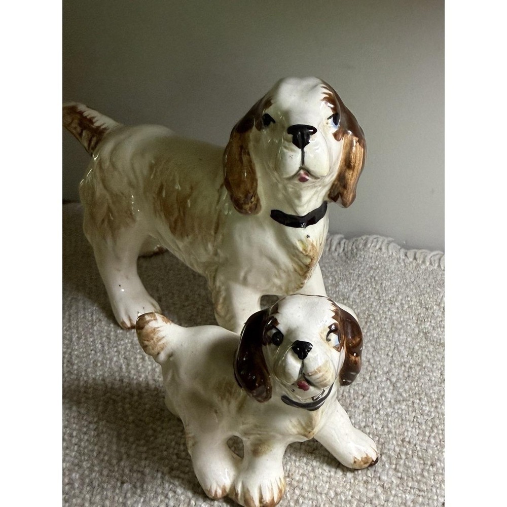 VTG Japan Ceramic Spaniel Mom & Puppy Set MCM 1950-60 Retro Figurine